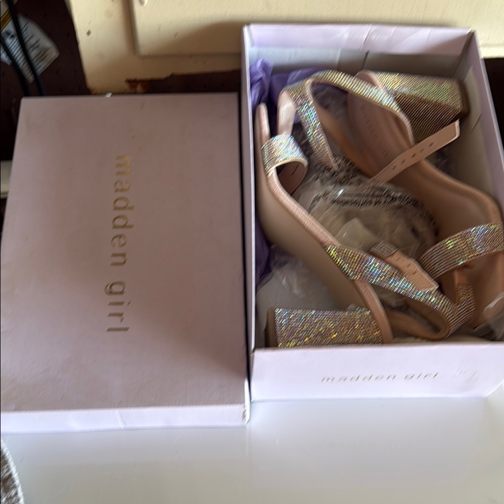Madden Girl Sparkling Tan Silver Heels
